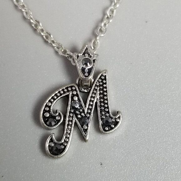 Vintage M Monogram Initial Letter Pendant Necklace, Silver Tone, Estate - Picture 2 of 10